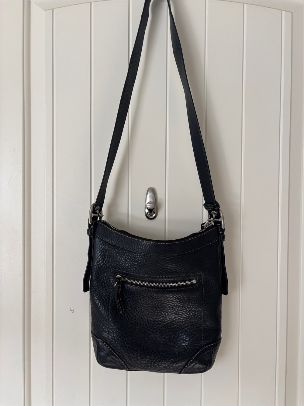 Vintage Coach Black Pebbled Leather Hobo Shoulder Bag Blue Lining Y2K Authentic